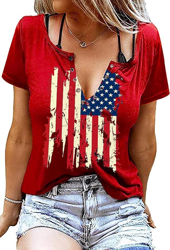 American Flag Shirt Tops Womens 4th of July T-Shirts Ring Hole Short Sleeve Sexy V-Neck Patriotic... | Amazon (US)