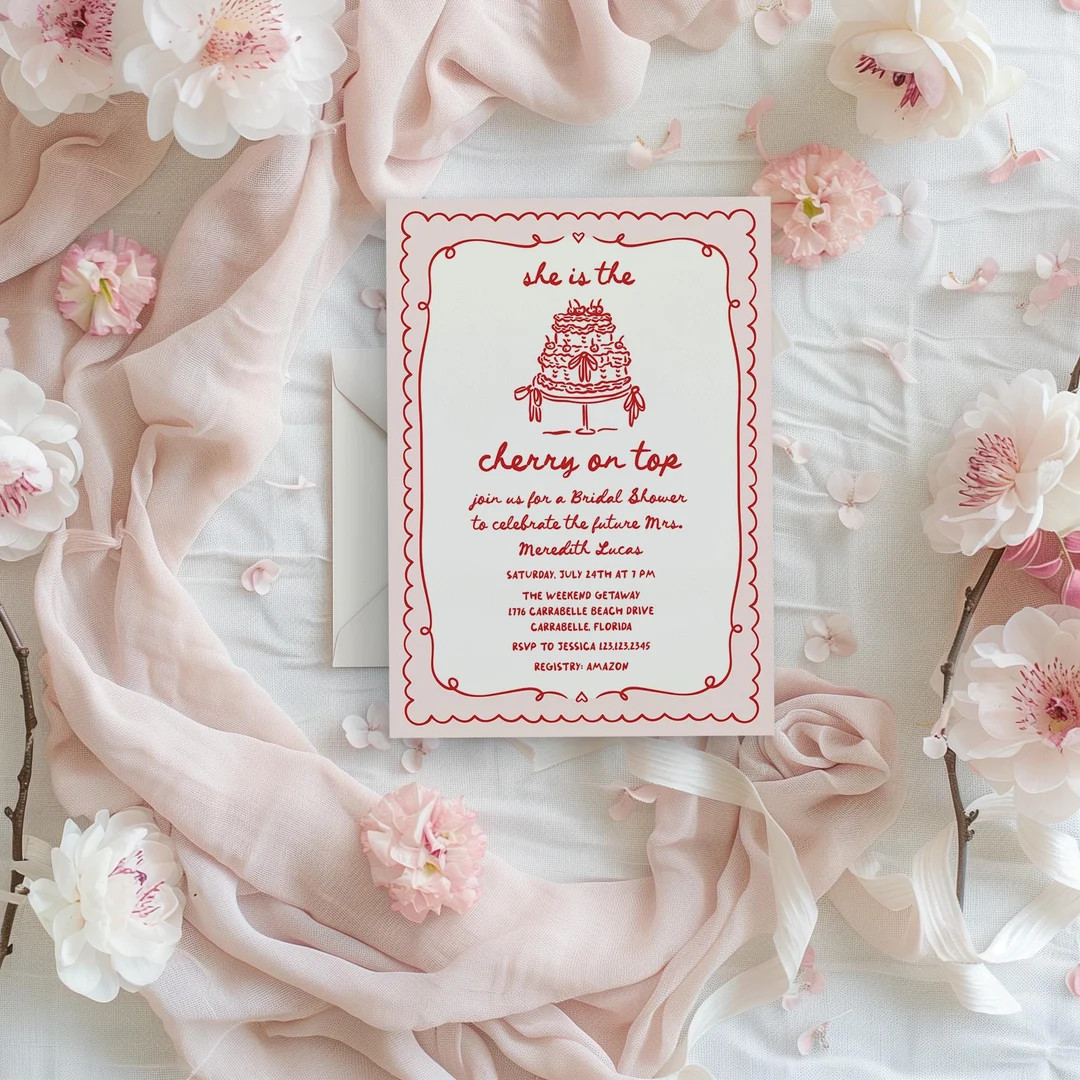 Cherry on Top Invitation Hand Drawn Bridal Shower Cherry Invite, Pink Red Handwritten She's the C... | Etsy (US)