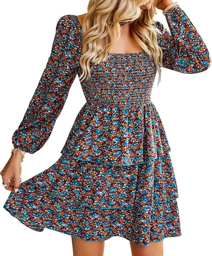 BTFBM Women's Square Neck Smocked Dresses Long Sleeve High Waist Floral Swiss Dot Flowy Babydoll ... | Amazon (US)