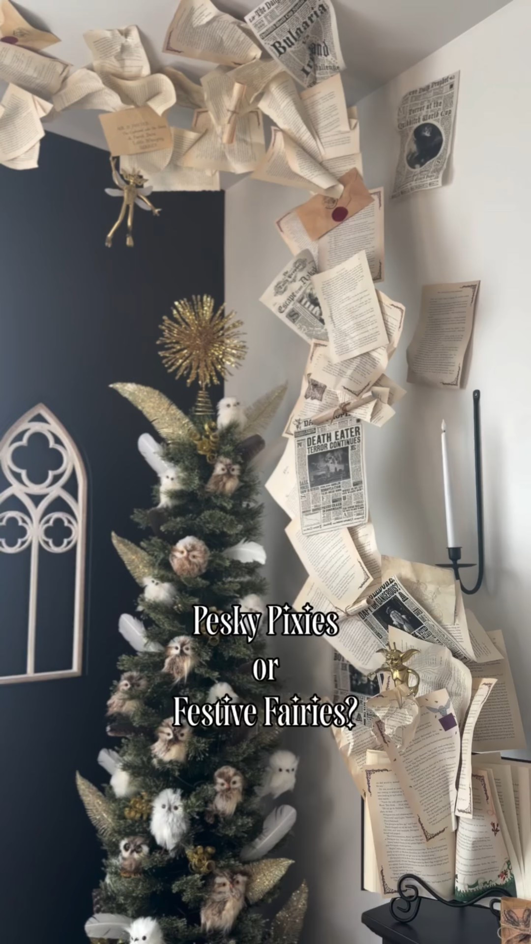 Peskipiksi Pesternomi!!! 

Or something like that. “Are you sure that’s a real spell?” in my best Hermione voice. 

I definitely snagged this pixie inspiration from @clevergirlpotter! My pesky little pixies usually live in my office, but for Christmas they got a gold glow up and a new home. I wanted it to seem like they were causing their usual mayhem, and I think it turned out quite nice! 

All I did was spray paint them black (to totally get rid of the blue color) and then gold, and I used craft wire to hold them in place among the book pages. Easy peasy! 

Is this a decor element you would try? 

#harrypotter #harrypotterandthechamberofsecrets #gilderoylockhart #wizardingworld 
Harry Potter 
Wizarding World 
Hogwarts 
Chamber of Secrets