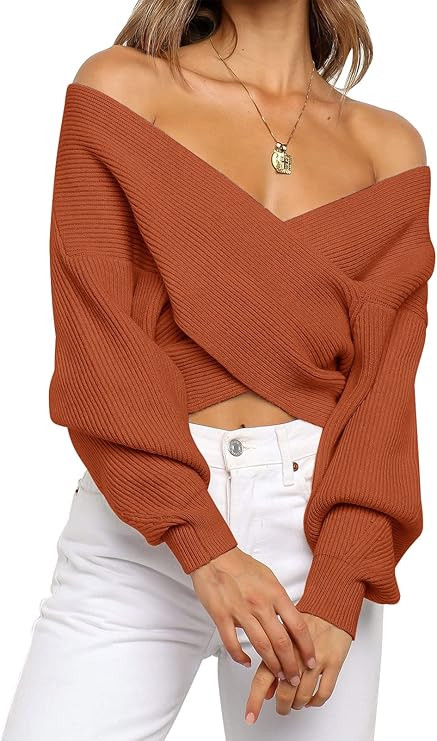 ZCSIA Women's Wrap V Neck Cropped Sweaters 2024 Fall Long Sleeve Cross Front Off Shoulder Solid K... | Amazon (US)