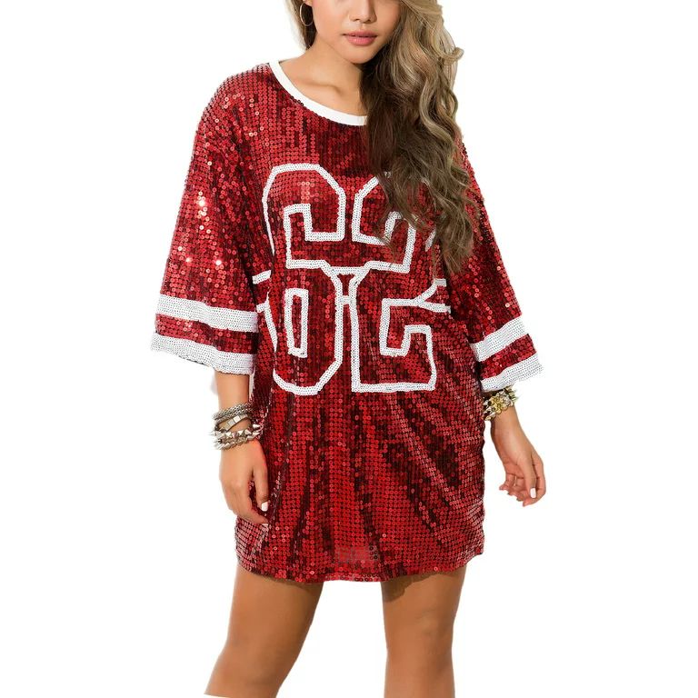 Whitewed Women's Sequin Jersey Tunic Short T Shirt Dress Tops Number 62 Graphic Red Half Sleeve -... | Walmart (US)