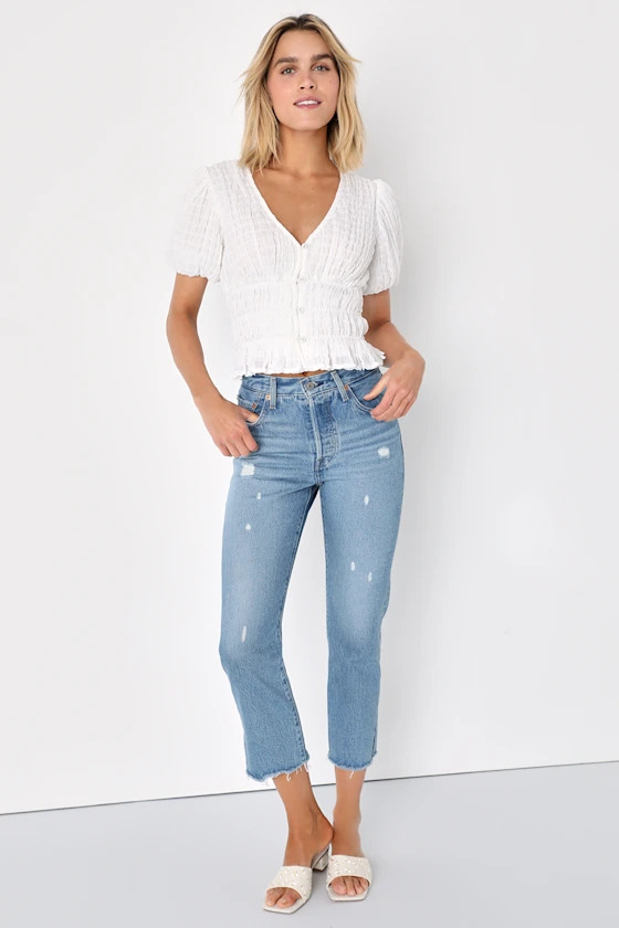 Dreamy Imaginings White Smocked Short Sleeve Button-Front Top | Lulus (US)