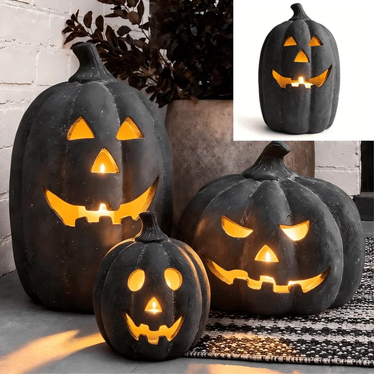 Halloween Decorations - 9.8" Black Handmade Resin Jack O Lantern Pumpkin Fall Decor, Indoor Outsi... | Walmart (US)