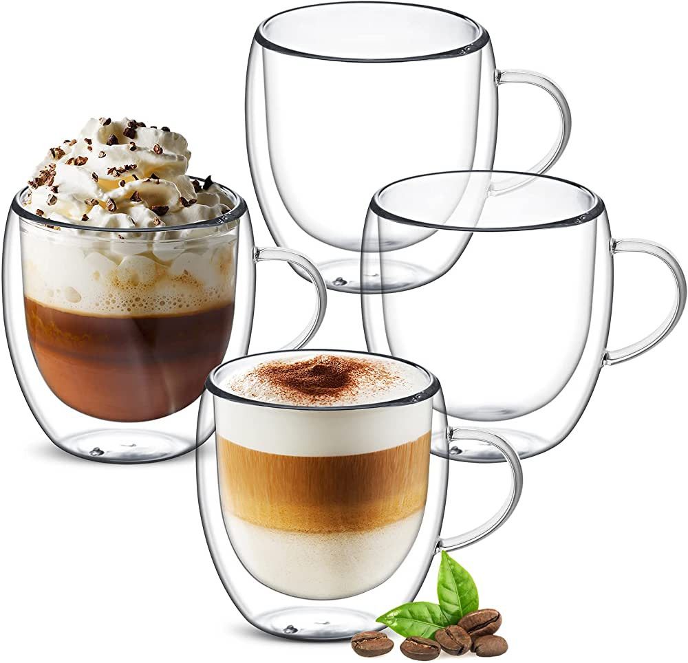 Ulrikco 8oz Double Walled Glass Coffee Mugs with Handle, Clear Cappuccino Glass Mug Set of 4, Ins... | Amazon (US)