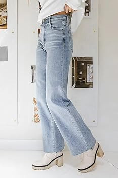 KDF Straight Leg Jeans for Women High Waisted Jeans Frayed Baggy Pants Raw Hem Loose Stretchy Cro... | Amazon (US)