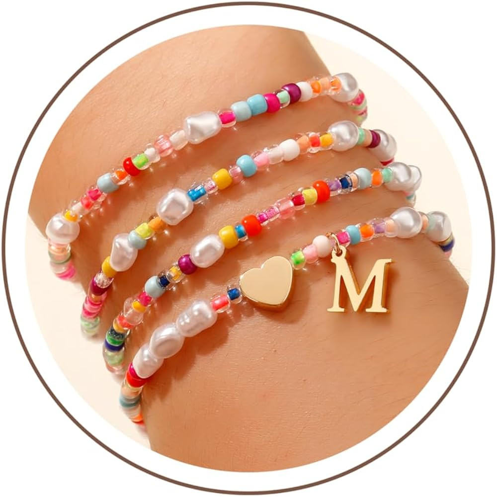 Colorful Initial Bracelets for Girls Kids - 4PCS Stretchable Beaded Pearl Heart Initial Charm Bra... | Amazon (US)