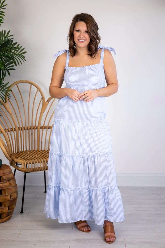 CAITLIN COVINGTON X PINK LILY The Santorini Striped Blue/White Maxi Dress | The Pink Lily Boutique