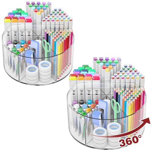 Absonic 2 Pack Acrylic Pen Organizer, 360 Rotating Clear Colored Pen and Pencil Crayon Marker Holder Caddy for Desk, Desktop Storage and Organizer for School Art Supplies | Amazon (US)