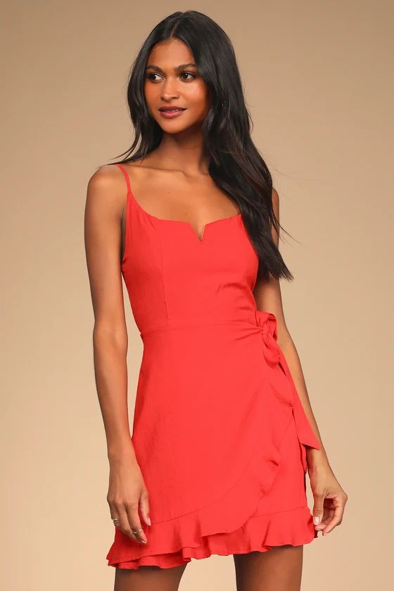 Sunny Oasis Coral Ruffled Faux-Wrap Mini Dress | Lulus (US)