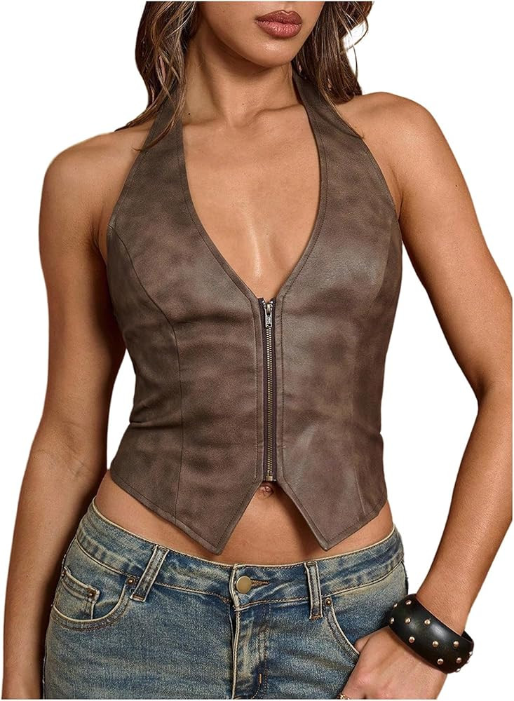 SweatyRocks Women's PU Leather Halter Tank Tops Sexy Deep V Neck Lace Up Back Vest Party Clubwear | Amazon (US)