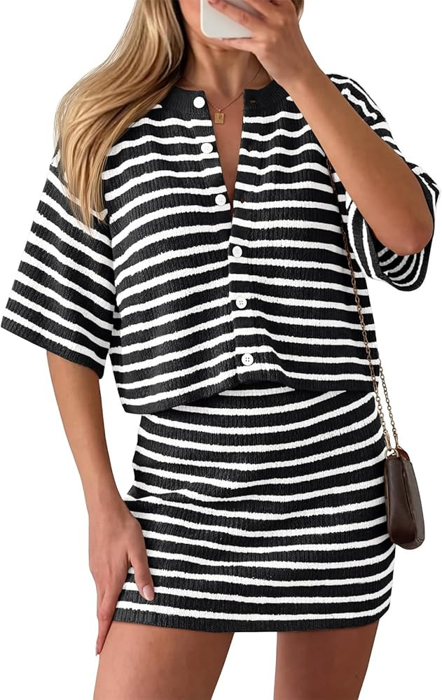 Amazon.com: Saodimallsu Womens Two Piece Skirt Set Summer Striped Knit Short Sleeve Button Cardig... | Amazon (US)