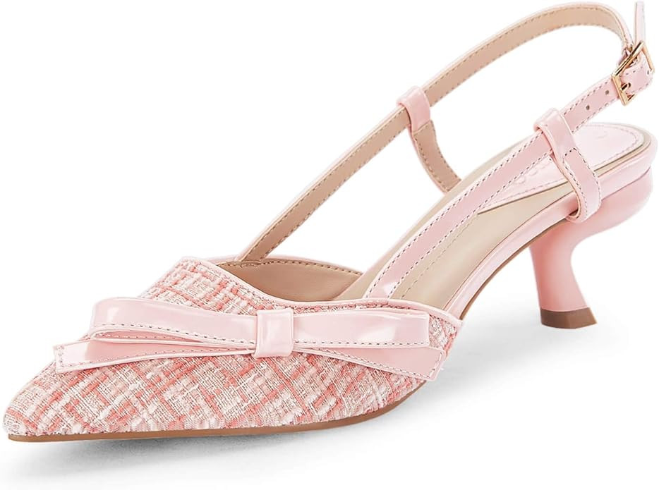 Coutgo Women's Slingback Low Kitten Heels Closed Pointed Toe Bow Pumps Wedding Dress Shoes | Amazon (US)