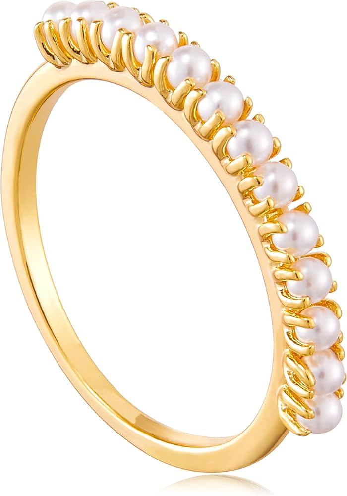 18K Gold Plated Pearl Ring, Wedding Band Thumb Ring for Women Girls Stackable | Amazon (US)