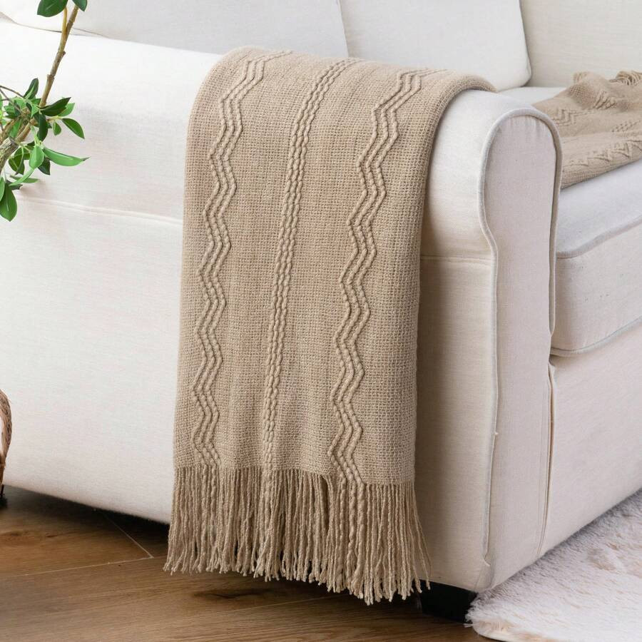Tan Throw Blanket For Couch Sofa, Boho Decorative Throw Blanket With Fringe, Taupe Knitted Blanke... | SHEIN