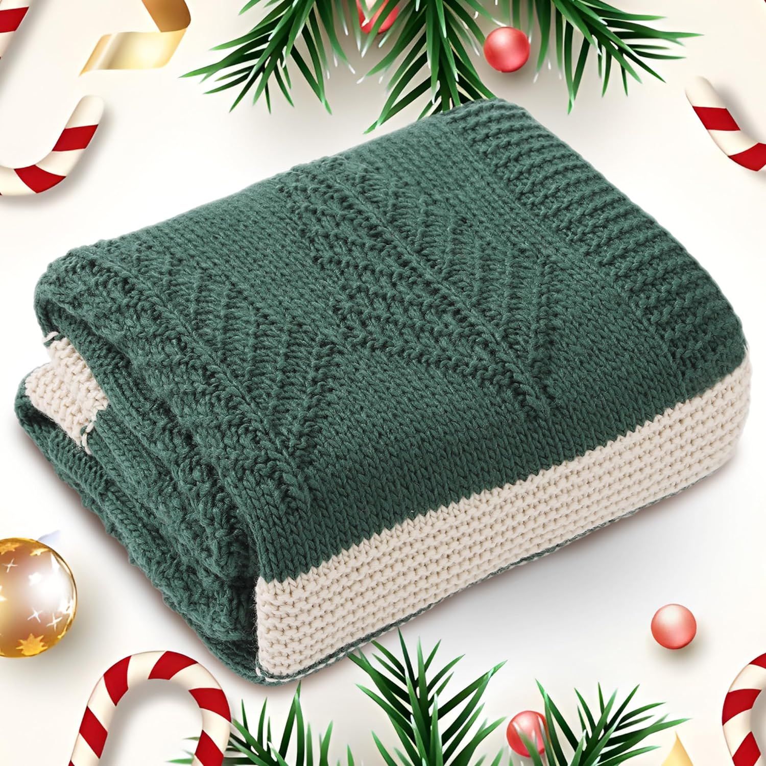 Amélie Home Christmas Throw Blanket Green Ivory Striped Leaf Knit Throw Blankets Soft Cozy Chris... | Amazon (US)