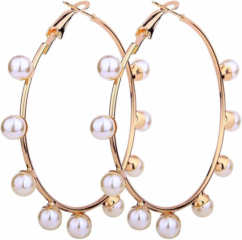 Large Hoop Dangle Earring Black White Pearl Earring With Stainless Steel Pin Big Circle Loop Earr... | Amazon (US)