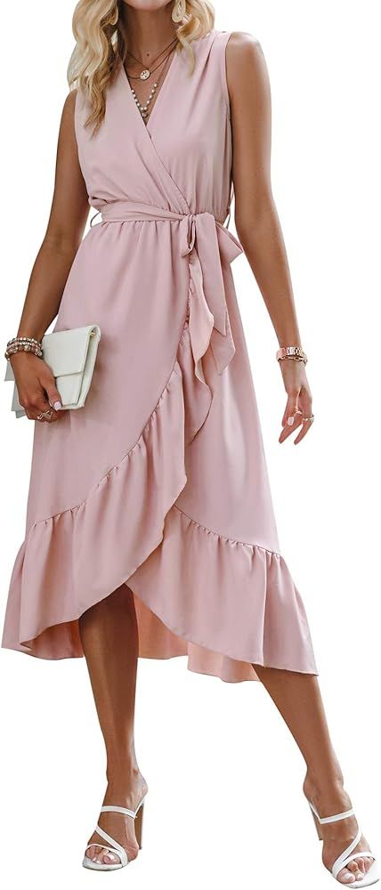 Vintagton Women's Summer Sleeveless V Neck Ruffle Midi Dress Side Split Casual One Piece Wrap Long D | Amazon (US)