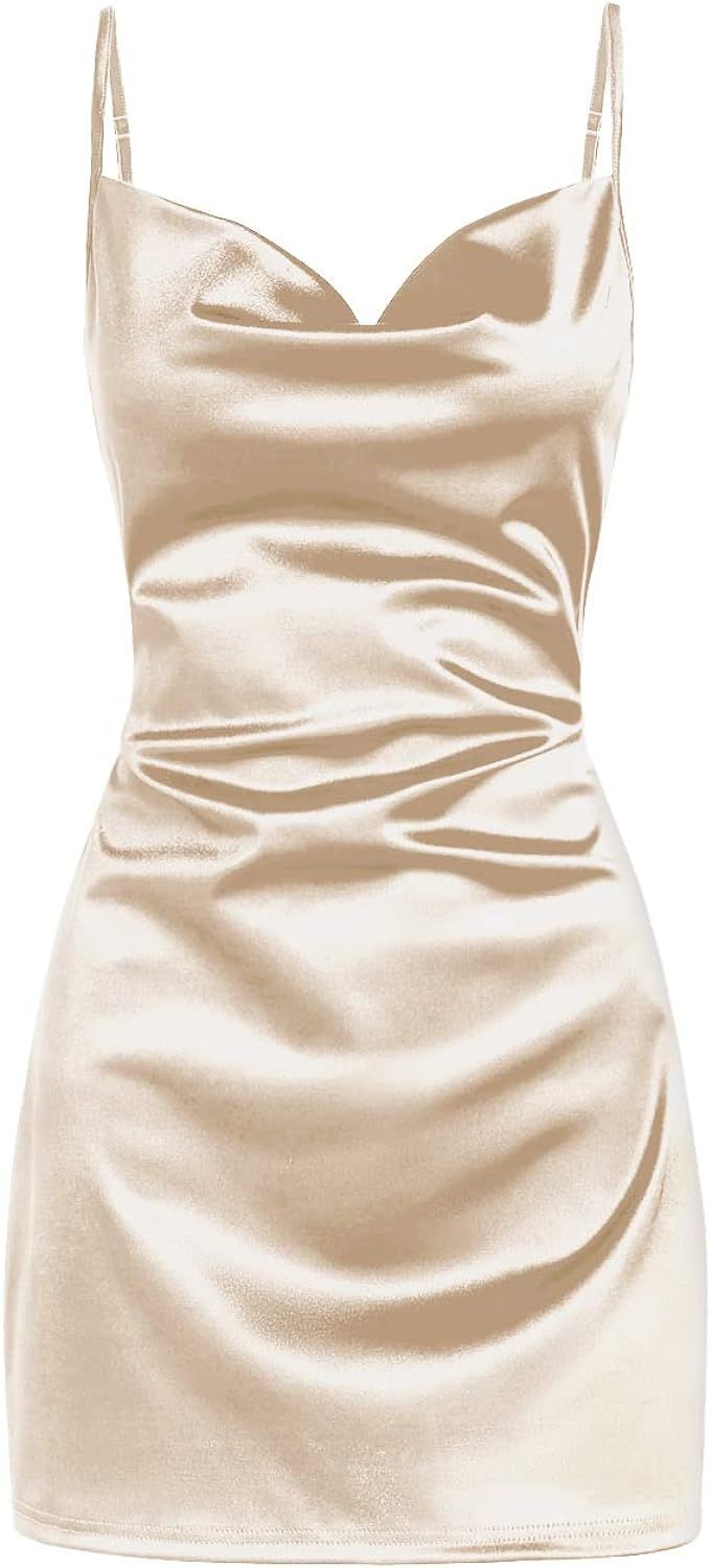 ZAFUL Women's Satin Sleeveless Spaghetti Strap Mini Dress Side Slit Cowl Neck Cocktail Party Dres... | Amazon (US)