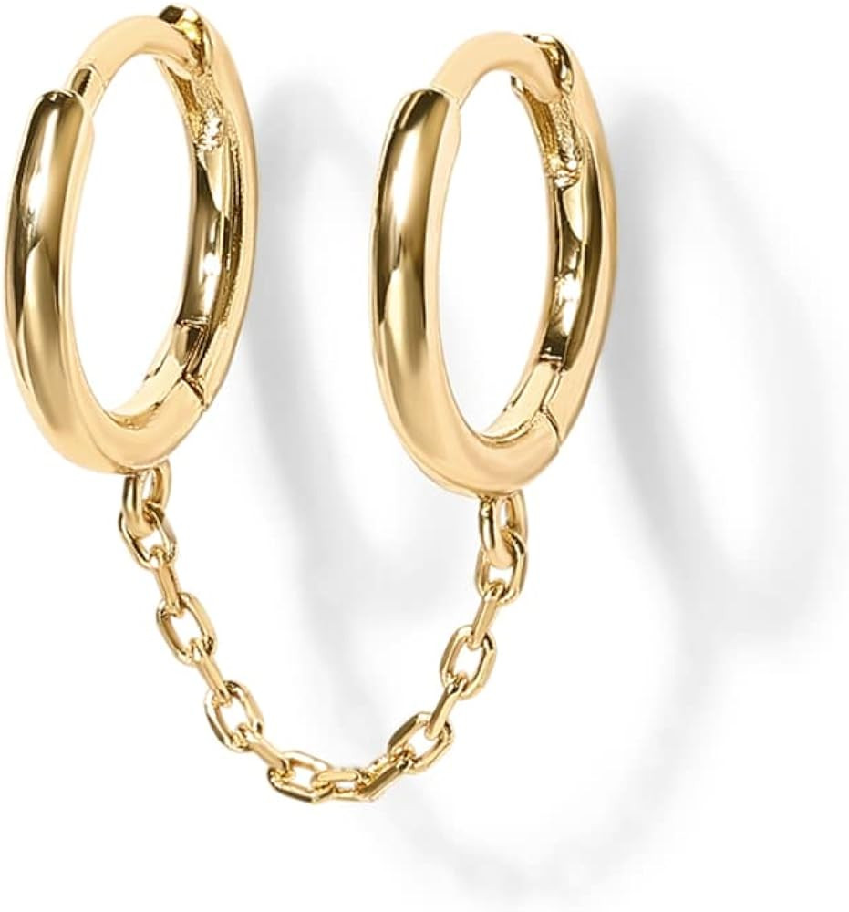 PAVOI 14K Gold Chain Earrings for Women | Double Piercing Dangle Chain Huggie Hoop Earrings | Cub... | Amazon (US)