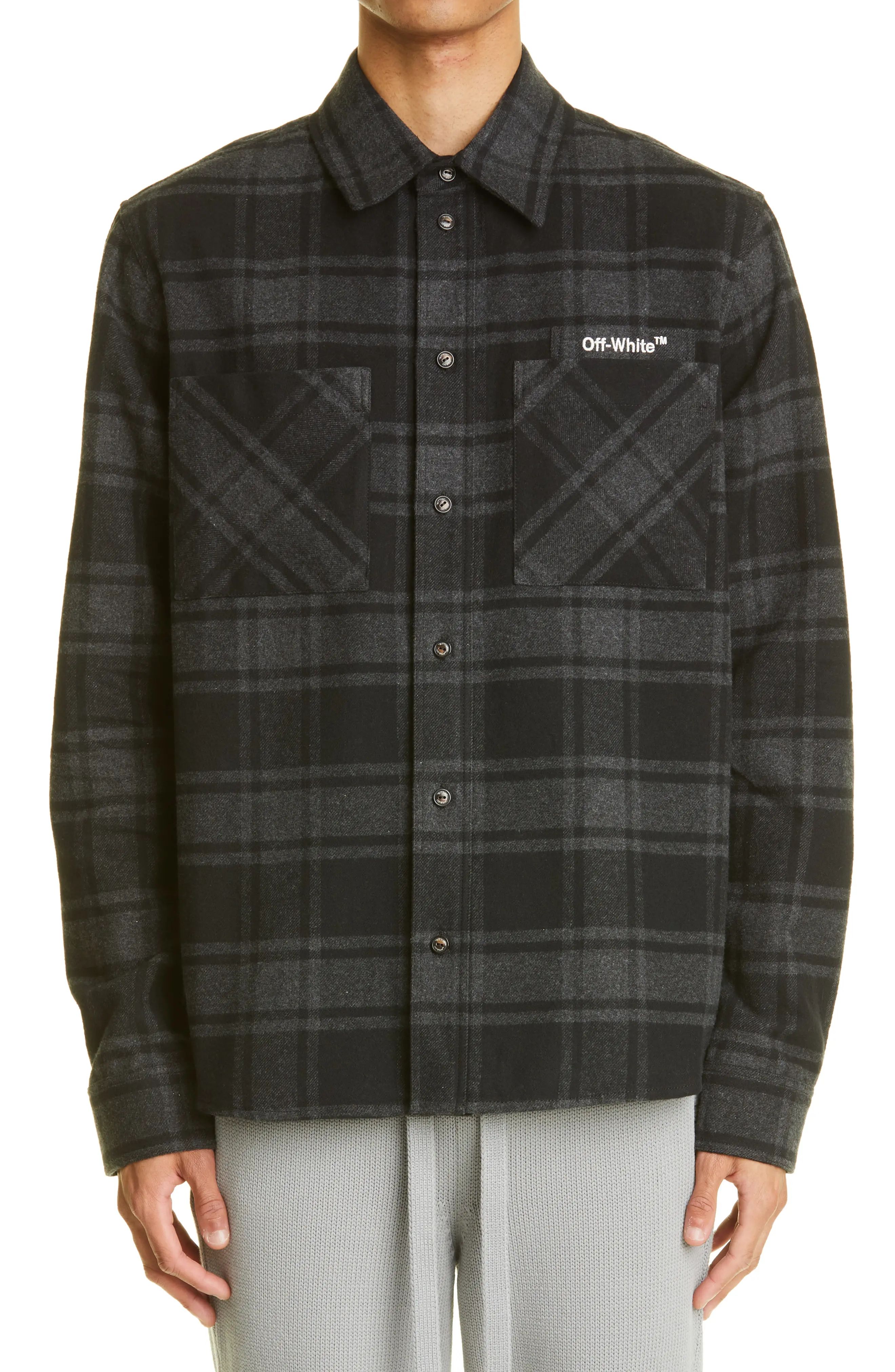 Off-White Arrows Check Flannel Button-Up Shirt in Grey/Black at Nordstrom, Size Medium | Nordstrom