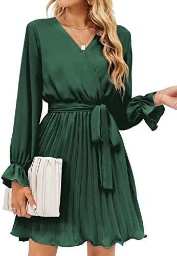 BBX Lephsnt Womens Wrap V Neck Dresses for Wedding Guest Casual Pleated Long Sleeve Mini Dress | Amazon (US)