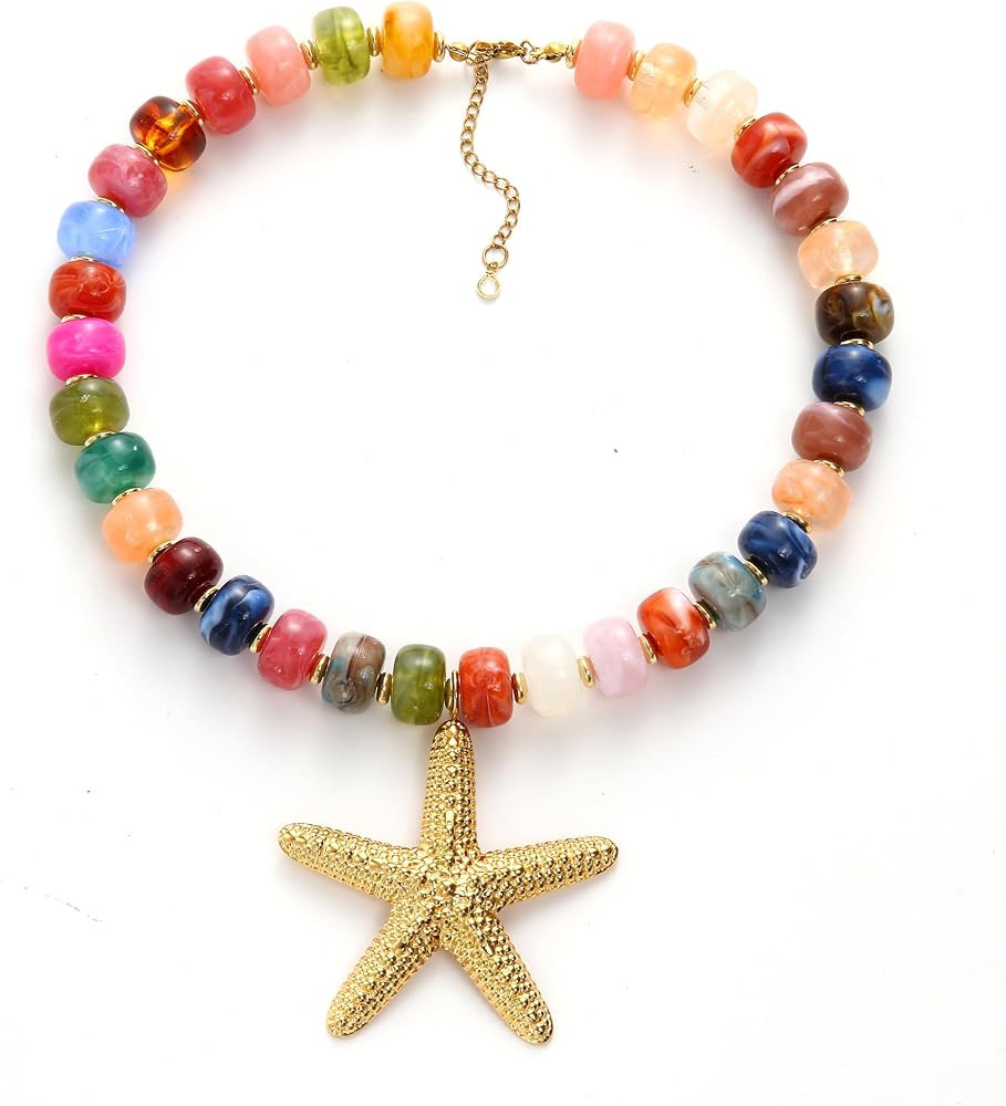 Chunky Beaded Starfish Shell Necklace for Women Colorful Boho Summer Chain Choker Beach Necklace ... | Amazon (US)