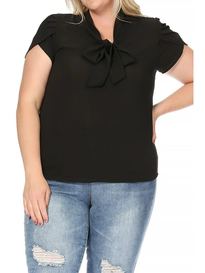 Women's Plus Size Casual Solid Petal Sleeve Bow Tie Neck Short Sleeve Blouse Shirt Top | Walmart (US)