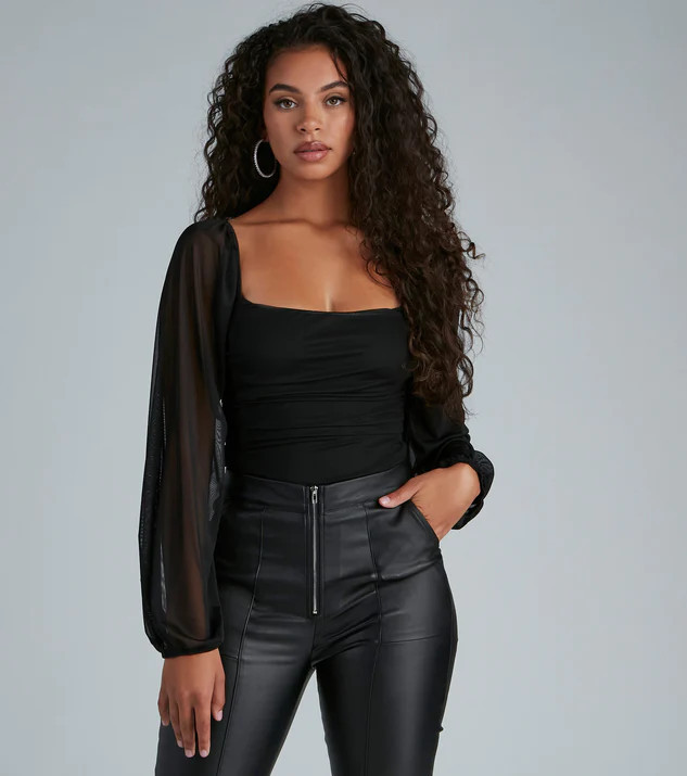 Elevated Basic Ruched Mesh Bodysuit | Windsor Stores