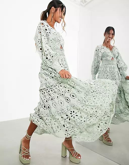 ASOS EDITION v neck broderie midi dress with puff sleeves in sage green | ASOS | ASOS (Global)