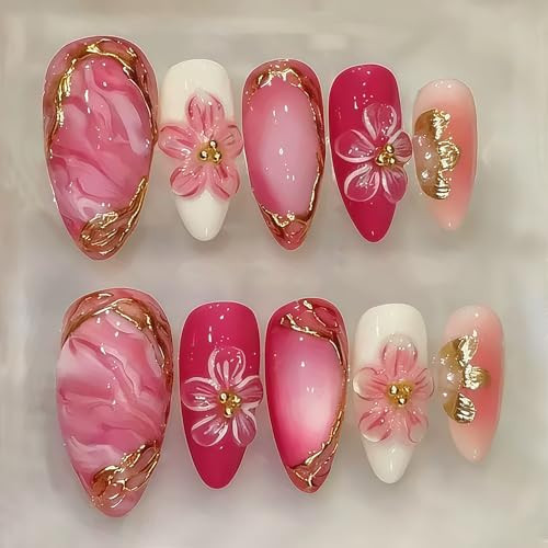 Spring Flower Press on Nails Long Almond Fake Nails with Flowers Pattern Gold Stripe Line Rhinestone Design Stick on Nail Acrylic False Nails Reusable for Women Spring DIY Manicure Decoration 24Pcs | Amazon (US)