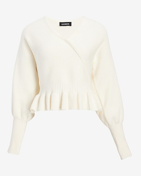 Ribbed V-Neck Wrap Peplum Sweater | Express