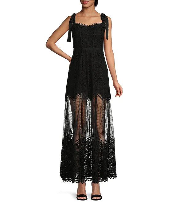 Clea Jacquard Mesh Sweetheart Tie Shoulder Sheer Overlay A-Line Maxi Dress | Dillard's