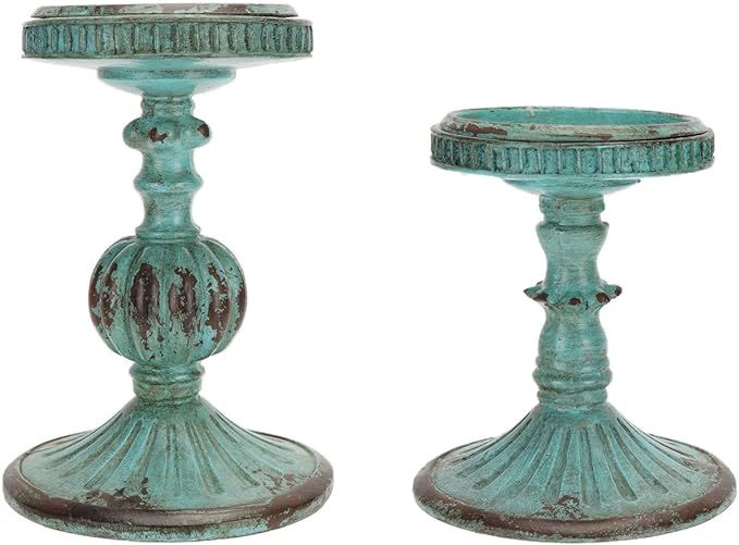 SOFFEE DESIGN Set of 2 Antique Resin Pillar Candle Holder Sets, Vintage Cylindrical Candlestick S... | Amazon (US)