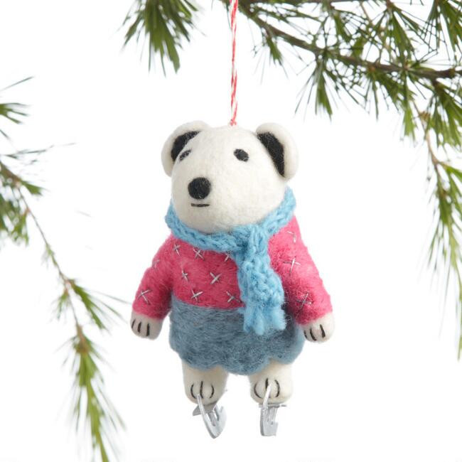 White Felted Wool Polar Bear With Skates Ornament | World Market