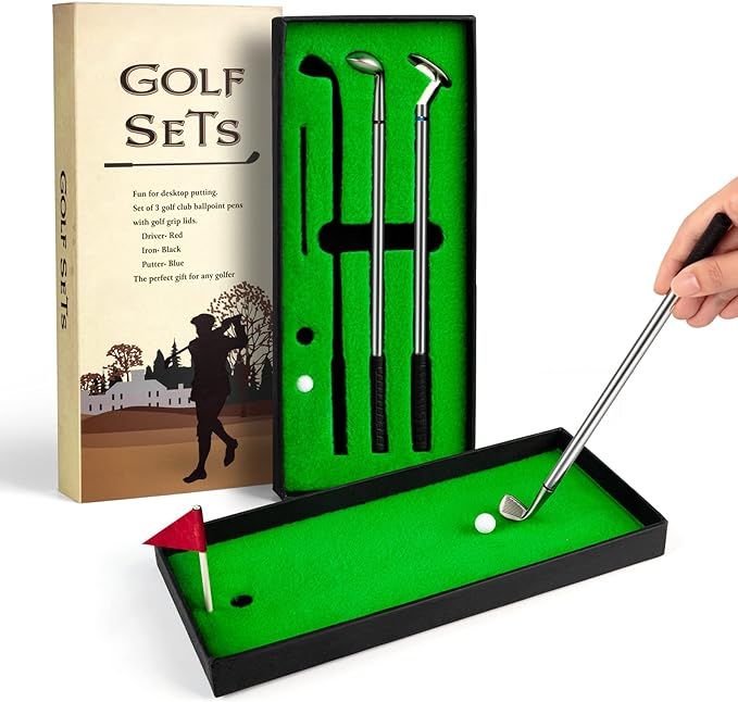 Juboury Golf Pen Set, Mini Desktop Golf Ball Pen Gift Set with Putting Green, Flag,3 Golf Clubs P... | Amazon (US)