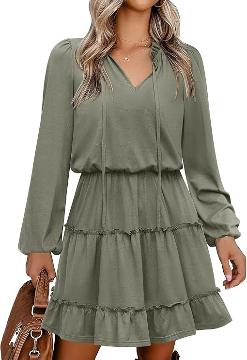 Caracilia Long Sleeve Dress for Women Fall 2025 Casual V Neck High Waist Tiered Ruffle Aline Swin... | Amazon (US)