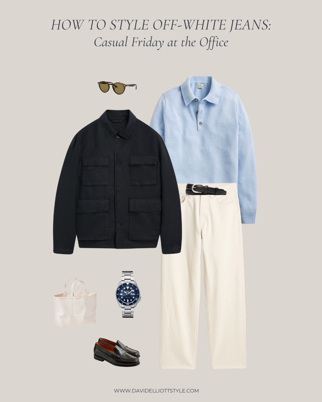 How to style your off-white jeans this Spring for a casual Friday at the office with a navy jacket and light blue sweater polo!

 

 #LTKSeasonal #LTKMens