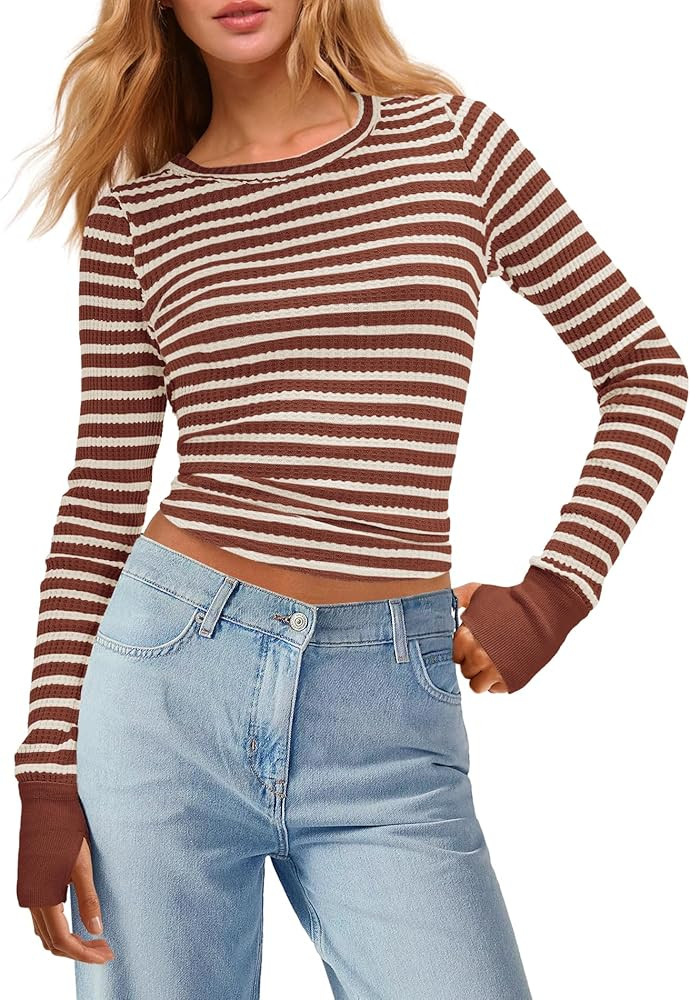 Panadila Womens Striped Long Sleeve Shirts Crewneck Waffle Knit Tops Casual Fitted T Shirts Fall ... | Amazon (US)