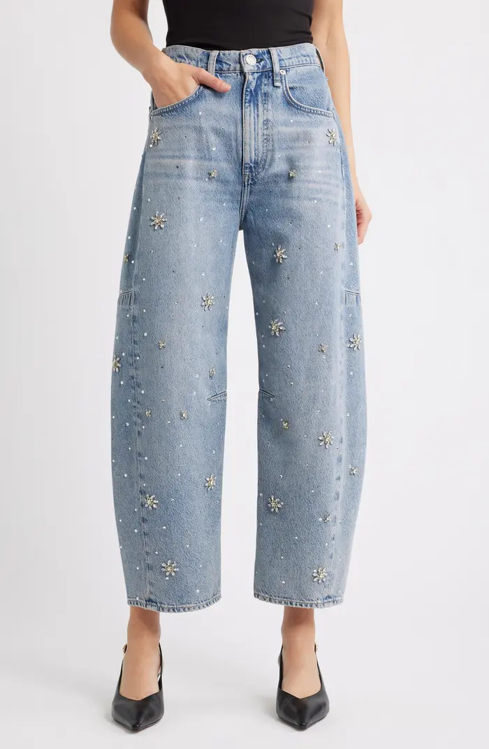 Charlie Flower Crystal High Waist Ankle Barrel Jeans | Nordstrom
