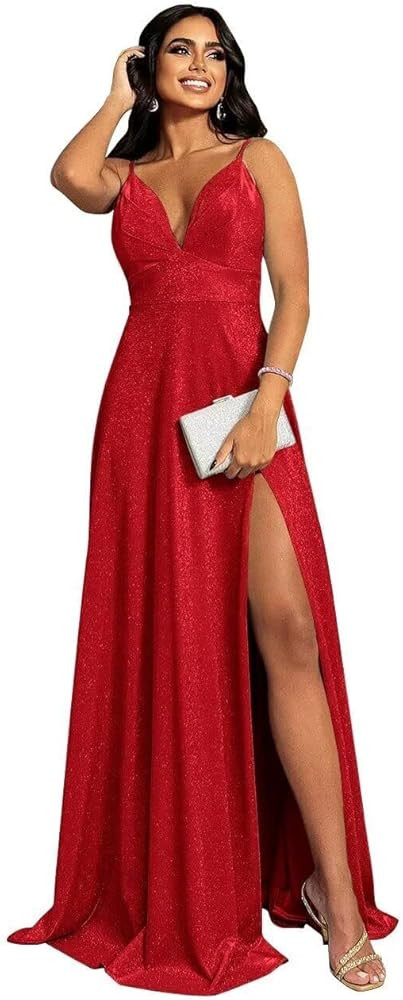 V Neck Bridesmaid Dresses for Women Sparkly Prom Dresses Long Evening Wedding Party Gown with Sli... | Amazon (US)