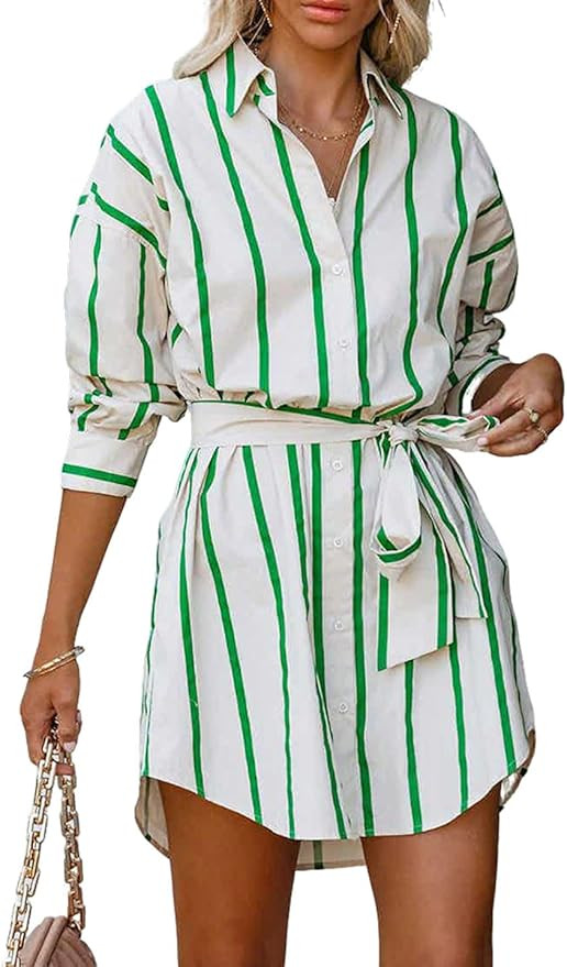 CHARTOU Women Summer Causal Stripe Tunic Dress Loose Button Down Shirt Short Dress with Belt | Amazon (US)