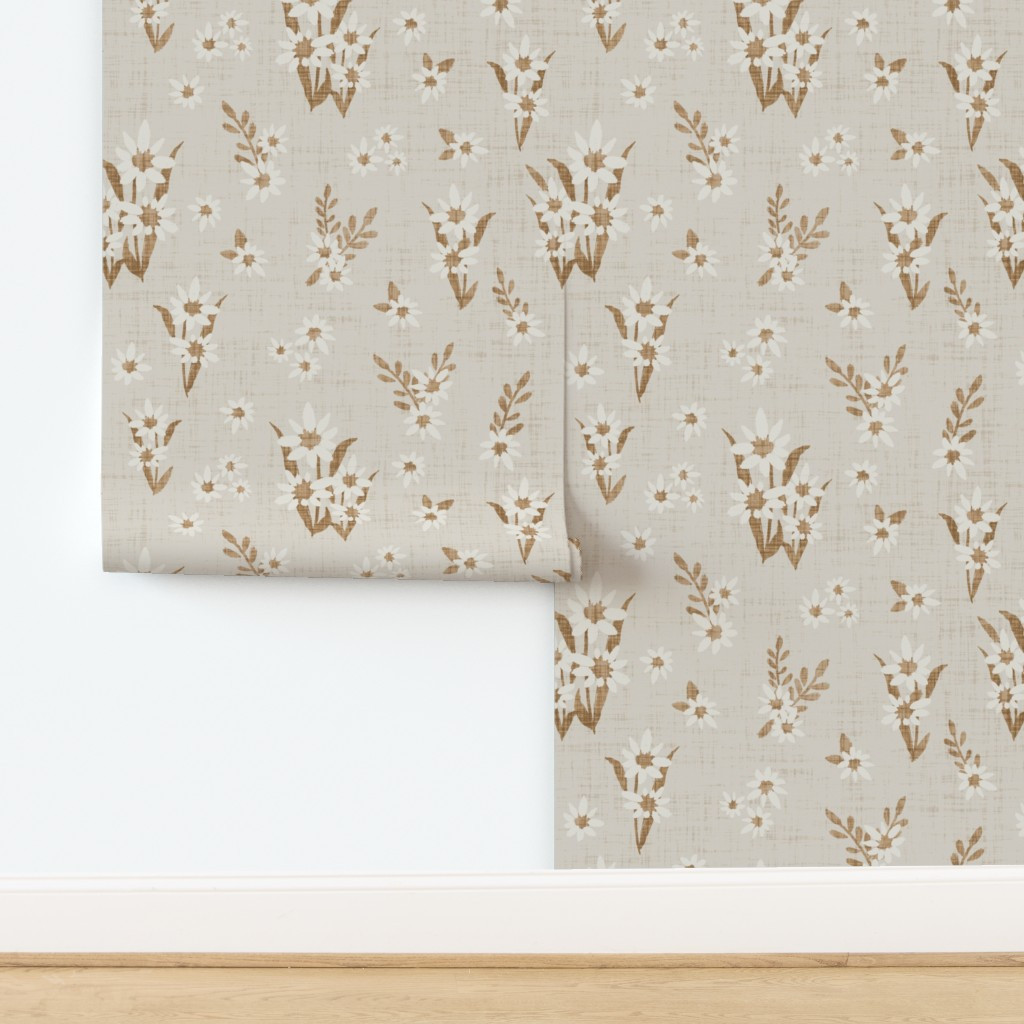 Wallpaper in Japandi Farmhouse Antique Neutral Girls Floral Vintage Warm Beige Oak Daisy | Spoonflower