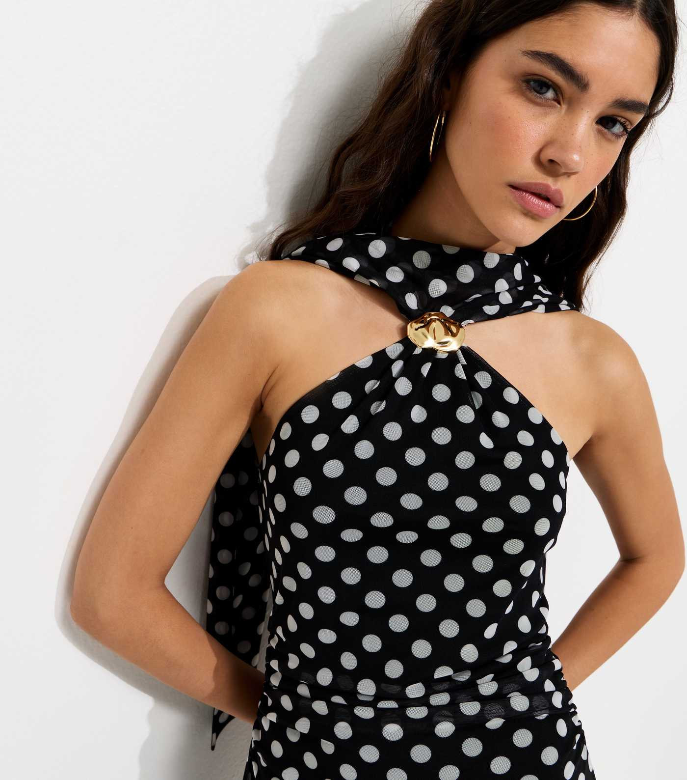 Black Polka Dot Halter Neck Mesh Mini Dress | New Look | New Look (UK)