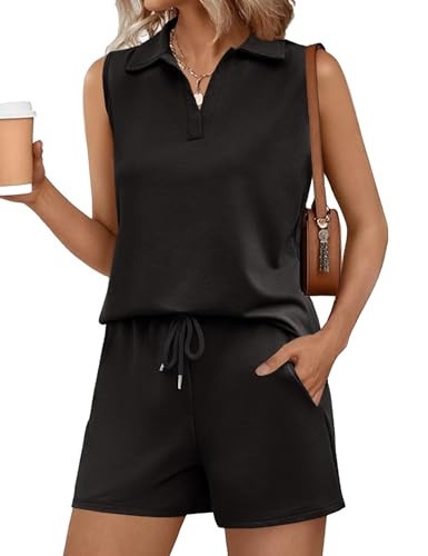 Rapbin 2 Piece Short Sets for Women Summer matching Vacation Clothes Sleeveless Airport Travel Outfits Lounge Set (Black, M) | Amazon (US)
