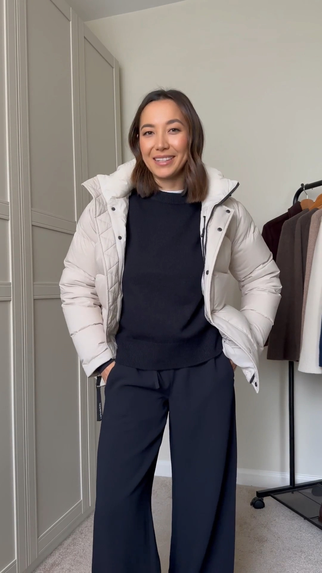 Wrinkle-free pants  — aritzia up to 50% off, sale ends 1/4

Lodge pants — wearing the regular length 
Super puff original — wearing an old color (a similar color would be matte pearl) 
Cashmere sweater 


#LTKSaleAlert #LTKootd