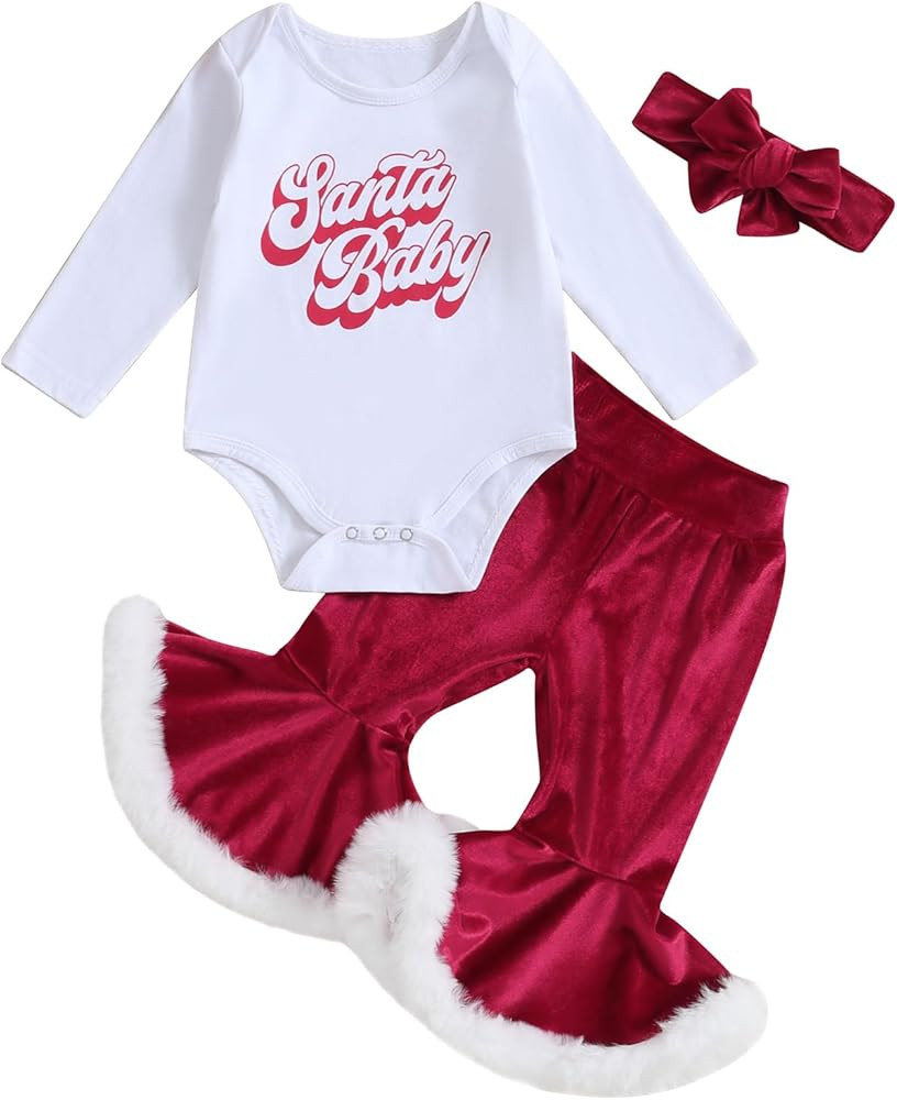 Newborn Baby Girl Christmas Outfit Long Sleeve Romper Christmas Onesie Bell Bottom Pants Set | Amazon (US)