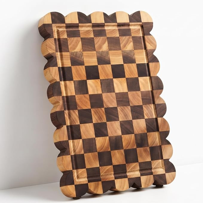 Nuanchu 1 Pcs Checkered Scalloped Cutting Board for Kitchen, Wood Chopping Board with Juice Groov... | Amazon (US)