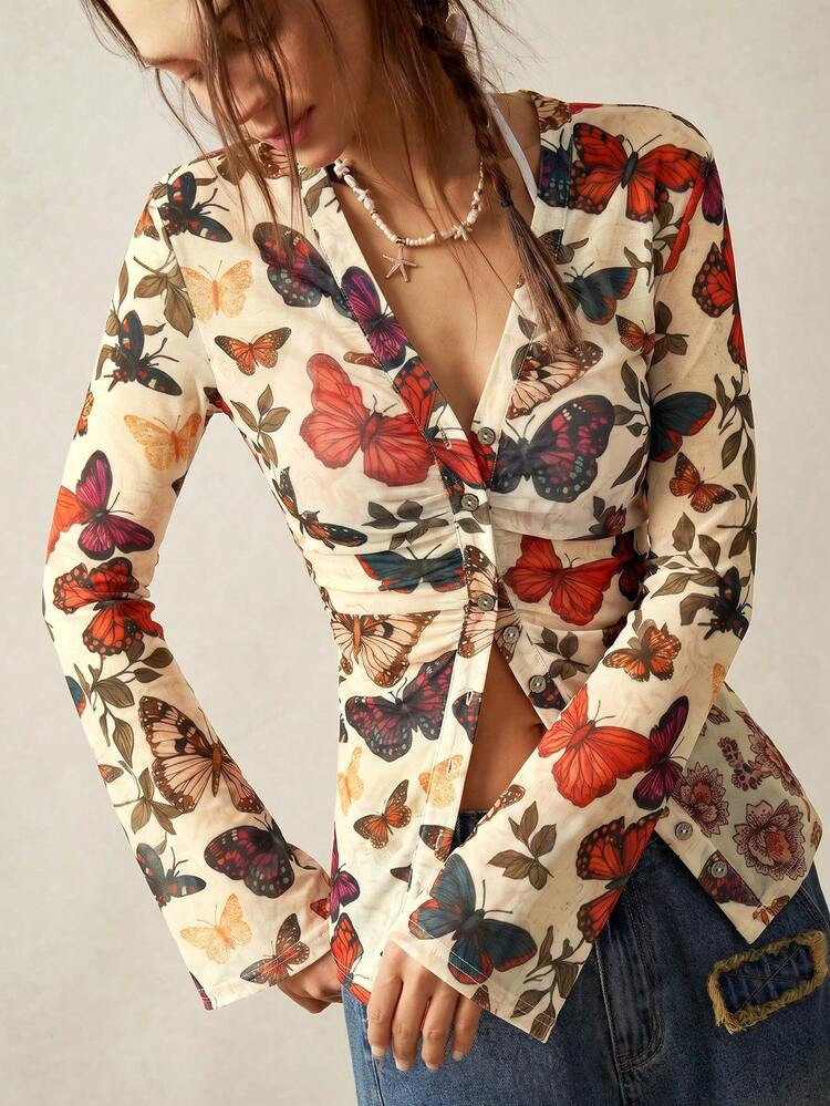 Bohemela Autumn Vacation, Women's Butterfly Print Boho Vintage Knit Lace V-Neck Flared Sleeve Top, Daily Wear, Country Concert Party | SHEIN