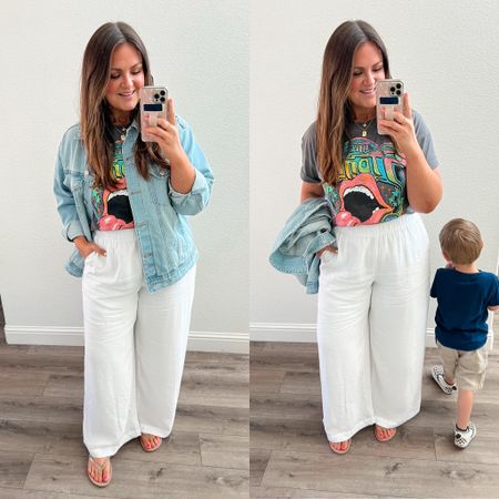 Spring outfit, kid not included lol
Mom style inspo, weekend outfit, wide leg pants, graphic t, sandals, white pants, midsize, size 12, size 14, travel outfitt

Pants, Large long 
Shirt, XL
Denim jacket, XL (for an oversized fit)

#LTKtravel #LTKmidsize #LTKstyletip